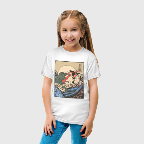 Детская футболка хлопок с принтом Cat Kong versus Godzilla Kaiju, вид сбоку #3