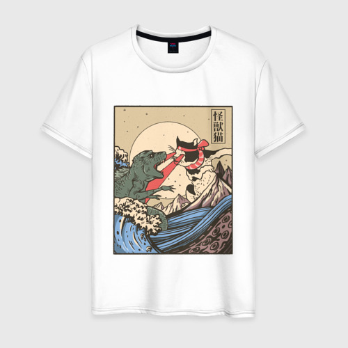 Мужская футболка хлопок Cat Kong versus Godzilla Kaiju, цвет белый