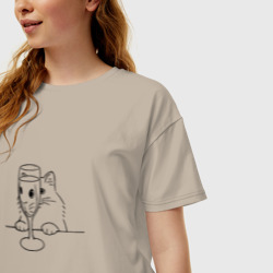 Женская футболка хлопок Oversize Кот с бокалом вина татуировка - фото 2