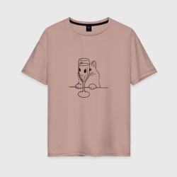 Женская футболка хлопок Oversize Кот с бокалом вина татуировка