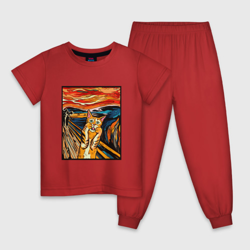 Детская пижама хлопок Кот пародия на Крик Мунка, цвет красный