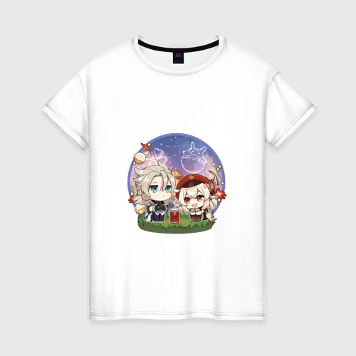 Женская футболка хлопок с принтом Фейерверк Альбедо и Кли, вид спереди #2
