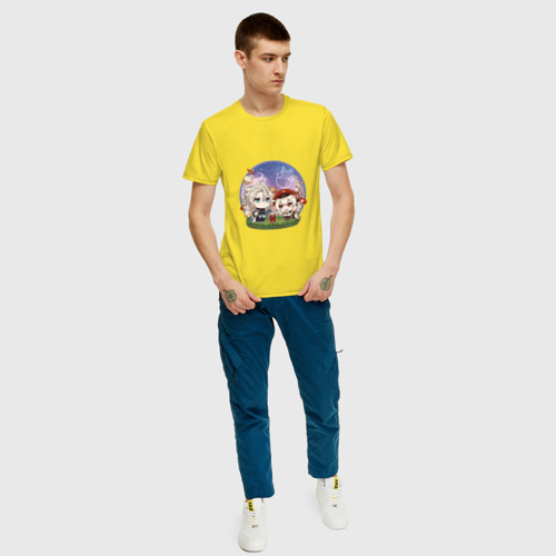 Мужская футболка хлопок с принтом Фейерверк Альбедо и Кли, вид сбоку #3