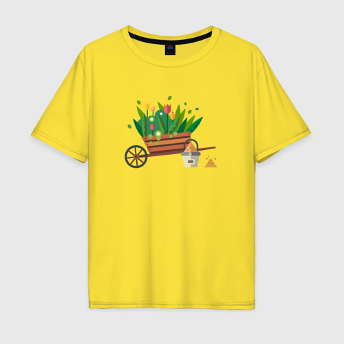 Мужская футболка хлопок Oversize Тележка с цветами, цвет желтый
