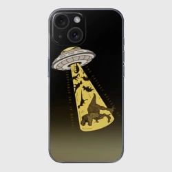 Чехол для iPhone 15 силиконовый с защитой камеры НЛО похищает динозавров