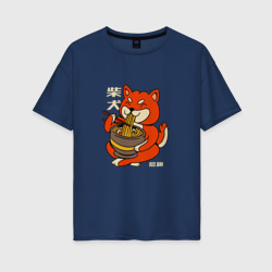Женская футболка хлопок Oversize Японская Сиба Ину ест Рамен