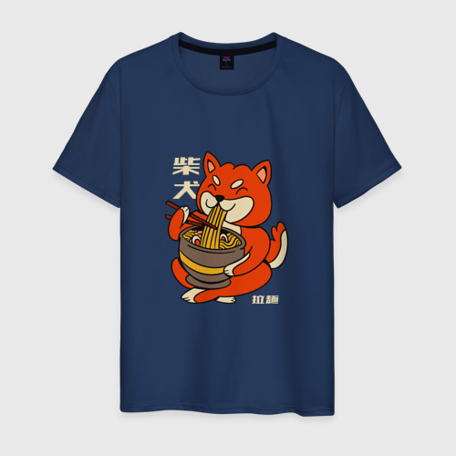 Мужская футболка из хлопка с принтом Японская Сиба Ину ест Рамен, вид спереди №1