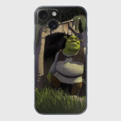Чехол для iPhone 15 силиконовый с защитой камеры Somebody Once Told Me - Шрек выходит из туалета