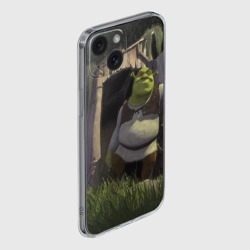 Чехол для iPhone 15 силиконовый с защитой камеры Somebody Once Told Me - Шрек выходит из туалета - фото 2