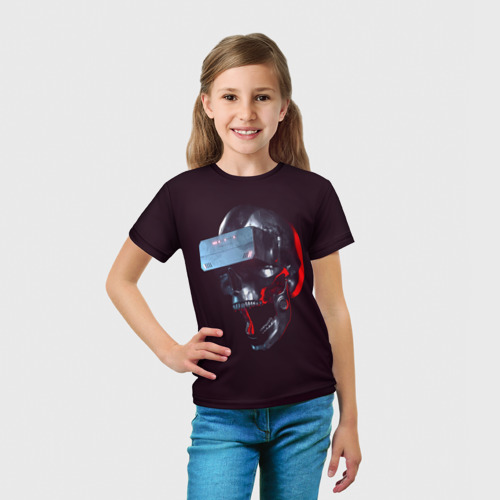 Детская футболка 3D с принтом Череп с VR, вид сбоку #3