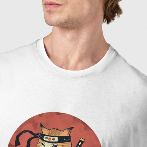 Мужская футболка хлопок Кот самурай, цвет белый - фото 6