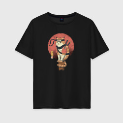 Кот самурай – Женская футболка хлопок Oversize с принтом купить со скидкой в -16%