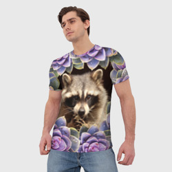 Мужская футболка 3D Енот среди цветов - фото 2