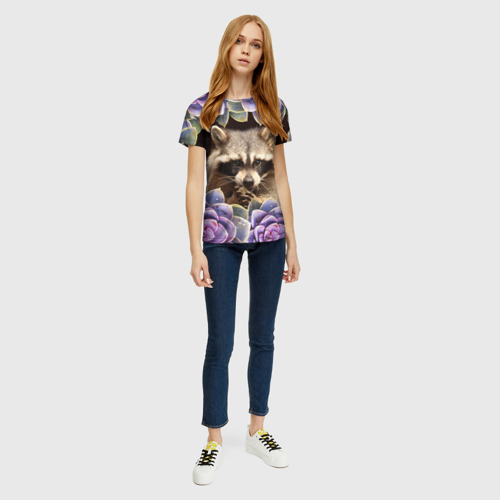 Женская футболка 3D Енот среди цветов, цвет 3D печать - фото 5