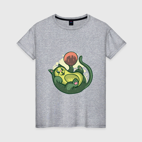 Женская футболка хлопок с принтом Котёнок авокадо играется, вид спереди #2