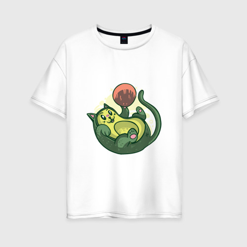 Женская футболка из хлопка оверсайз с принтом Котёнок авокадо играется, вид спереди №1