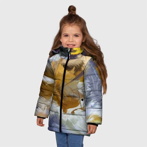 Зимняя куртка для девочек 3D Абстрактные перышки, цвет черный - фото 3