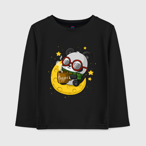 Детский лонгслив хлопок с принтом Милая панда пьет кофе на луне, вид спереди #2