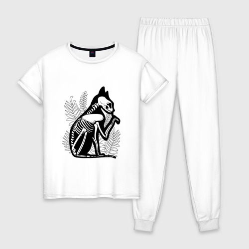 Женская пижама хлопок с принтом Кот Скелет | Cat Skeleton, вид спереди #2