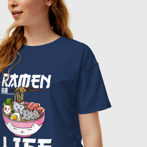 Женская футболка хлопок Oversize Ramen life, цвет темно-синий - фото 3