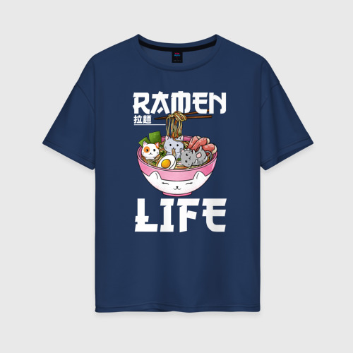 Женская футболка хлопок Oversize Ramen life, цвет темно-синий