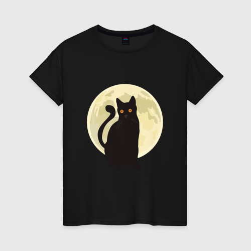 Женская футболка хлопок с принтом Moon Cat, вид спереди #2
