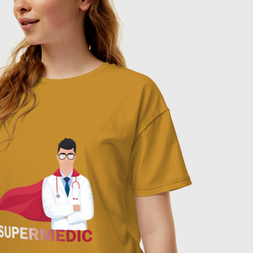 Женская футболка хлопок Oversize Супер врач Super Doc, цвет горчичный - фото 3