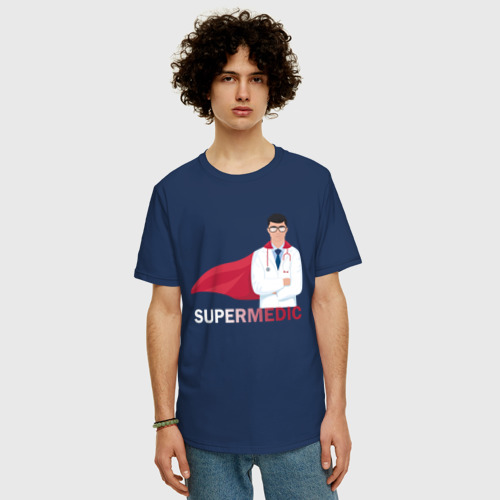 Мужская футболка хлопок Oversize Супер врач Super Doc, цвет темно-синий - фото 3