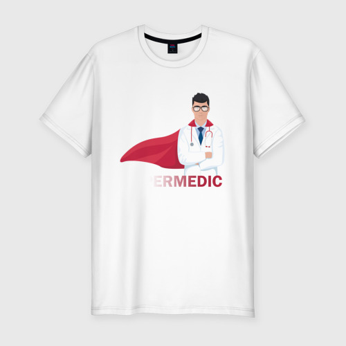 Мужская футболка приталенная из хлопка с принтом Супер врач Super Doc, вид спереди №1