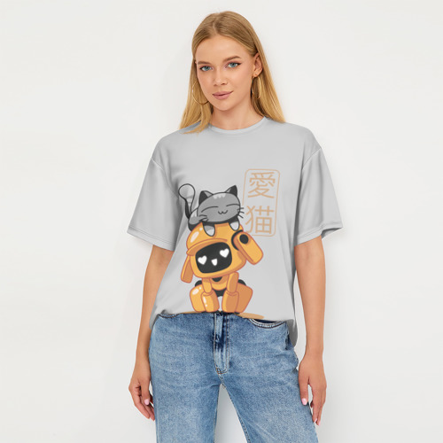 Женская футболка oversize 3D Cat and Robot ЛСР, цвет 3D печать - фото 5