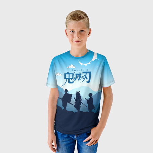 Детская футболка 3D с принтом Клинок, рассекающий демонов в горах, фото на моделе #1