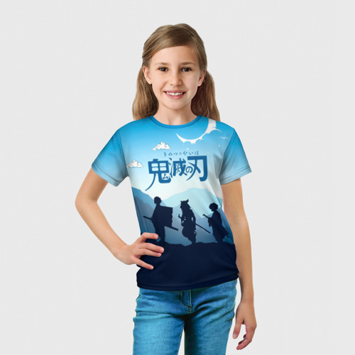 Детская футболка 3D с принтом Клинок, рассекающий демонов в горах, вид сбоку #3