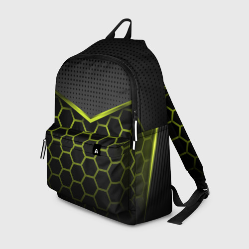 Рюкзак 3D с принтом Зеленые соты в виде брони, вид спереди #2
