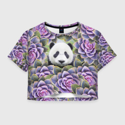 Женская футболка Crop-top 3D Панда среди цветов