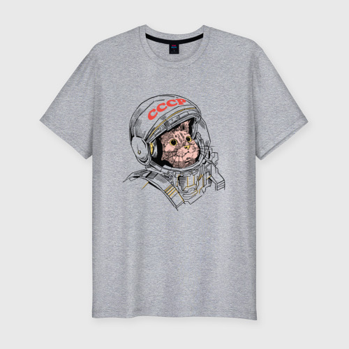Мужская футболка хлопок Slim с принтом СССР Кот космонавт, вид спереди #2