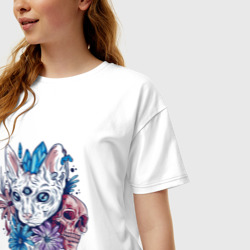 Женская футболка хлопок Oversize Мистический кот с черепом - фото 2