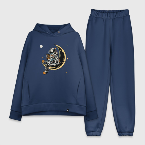 Женский костюм хлопок Oversize с принтом Космонавт пьет кофе на луне, вид спереди #2