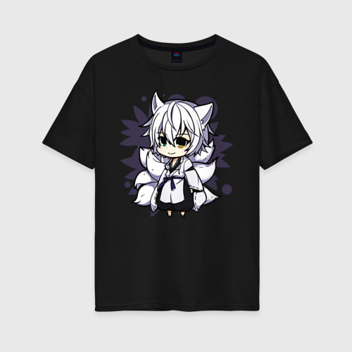 Женская футболка хлопок Oversize Kitsune Chibi, цвет черный