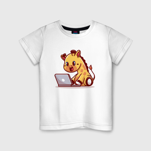 Детская футболка из хлопка с принтом Жираф программист, вид спереди №1
