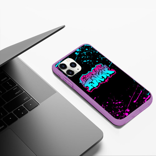 Чехол для iPhone 11 Pro Max матовый Friday night Funkin neon неоновые брызги краски, цвет фиолетовый - фото 5