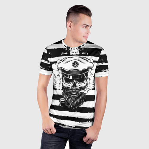 Мужская футболка 3D Slim с принтом ТЕЛЬНЯШКА ВМФ | ЧЕРЕП ФУРАЖКА, фото на моделе #1