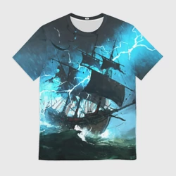 Мужская футболка 3D Черный парусник разбивает молния