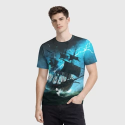 Мужская футболка 3D Черный парусник разбивает молния - фото 2