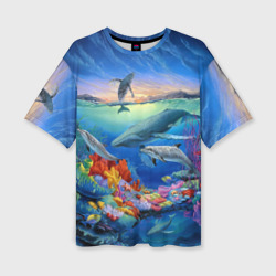 Женская футболка oversize 3D Киты и дельфины