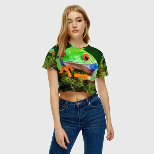 Женская футболка Crop-top 3D Тропическая лягушка, цвет 3D печать - фото 3