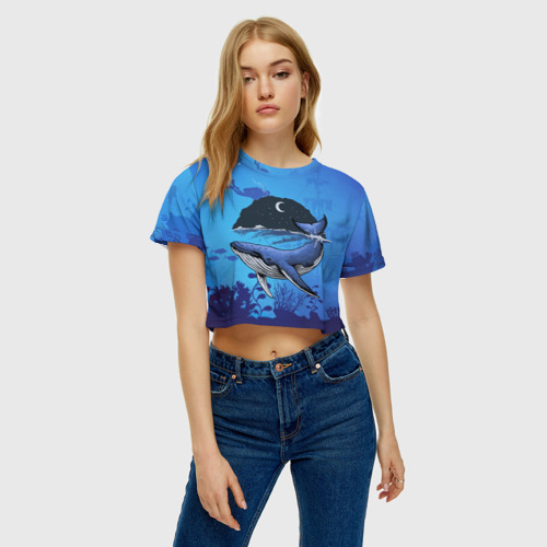 Женская футболка Crop-top 3D Синий кит, цвет 3D печать - фото 3