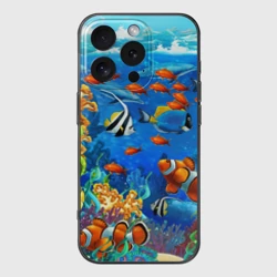 Чехол для iPhone 16 Pro силиконовый с защитой камеры Коралловые морские рыбки 