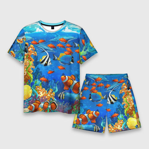 Мужской костюм с шортами с принтом Коралловые морские рыбки, вид спереди №1