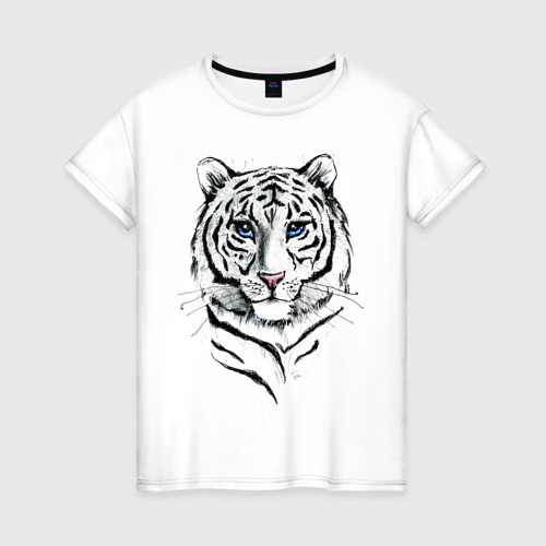 Женская футболка из хлопка с принтом Белый тигр, вид спереди №1