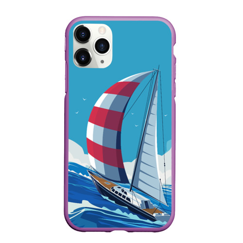 Чехол для iPhone 11 Pro Max матовый Парусник В море sailboat, цвет фиолетовый